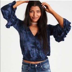 American Eagle Soft Sexy Navy Blue Tie Dye Crop Long Bell Sleeves Boho Velvet